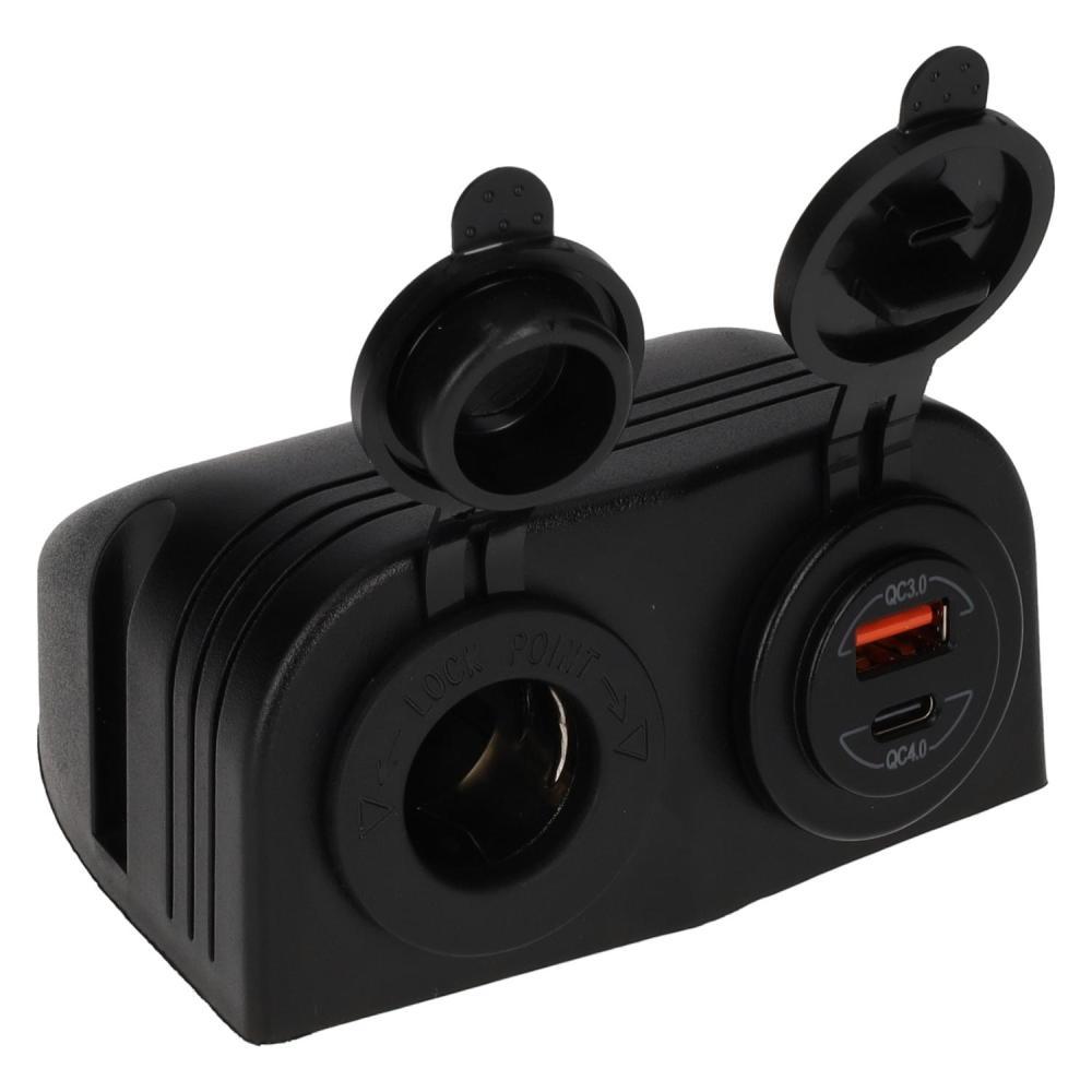 Power Line Contactdoos 12V + USB-A + USB-C Lader Opbouw Zwart