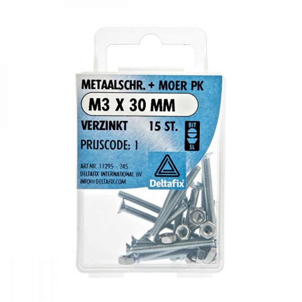 Metaalschroef + Moer PK Verzinkt M3x30mm 15st